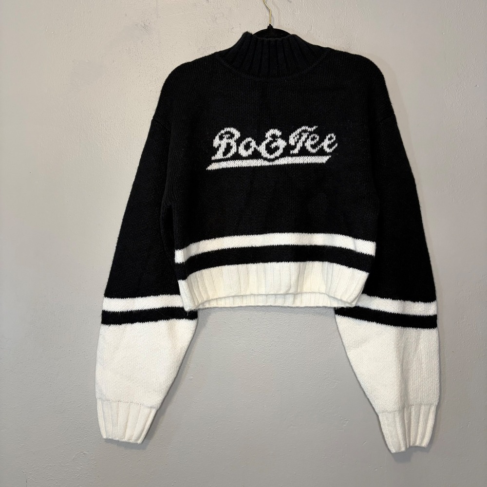 Bo+Tee Womens Black White Logo Cropped Knit Sweater Mock Neck BT1963 Size M